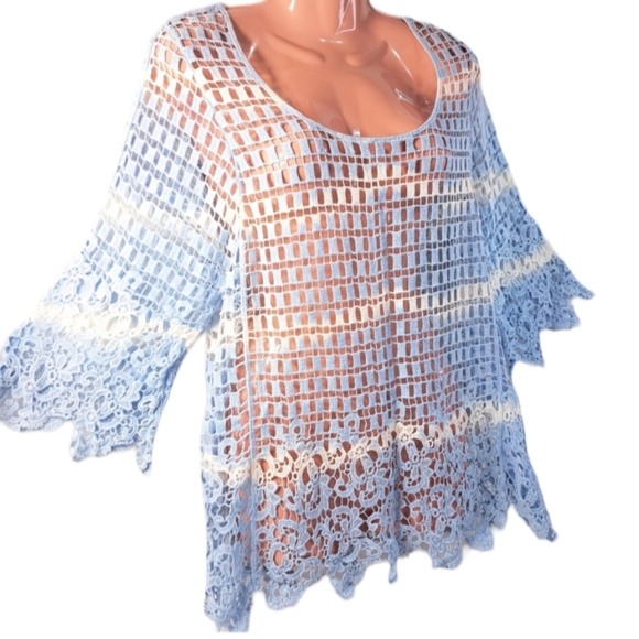 Step In Style One Size Women's Crochet Baby Blue Blouse 100% Cotton - Picture 3 of 14